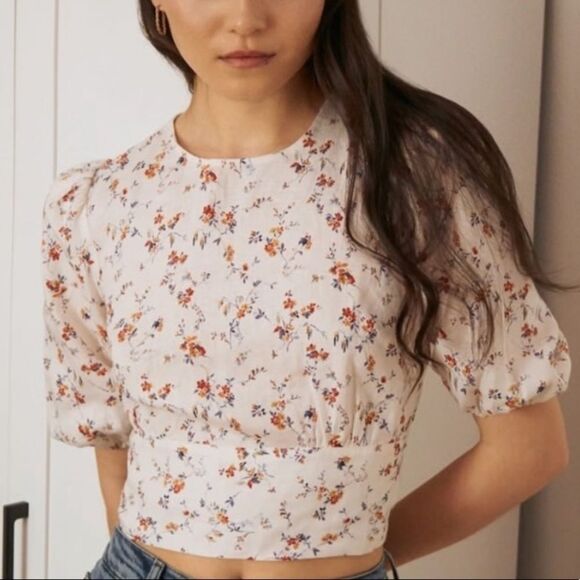Reformation Seychelles White Linen Floral Top Gabrielle Size XL - Picture 1 of 7